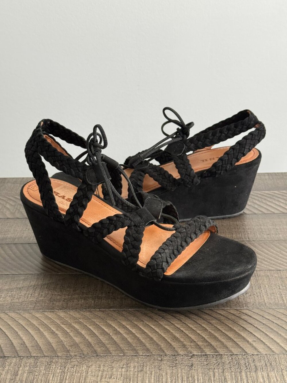 Trask Black Suede Platform Braided Wedge Lace-Up Sandals Size 11